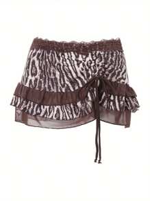 Women Mini Short Skirt Low Waisted Leopard Print Ruffle Lace Edge Fashion Short Skirt - Màu nâu - Xem 7