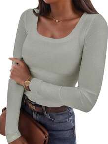 KAHULE Long Sleeve Shirts For Women Scoop Neck Fall Outfits Knit Tops Slim Fit Basic Tee - Xám - Xem 1