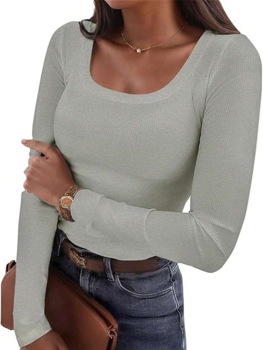 KAHULE Long Sleeve Shirts For Women Scoop Neck Fall Outfits Knit Tops Slim Fit Basic Tee - Xám - Xem 1