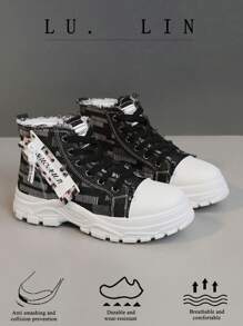 Un par de zapatos de lona con revestimiento de tela, cómodos e informales, con suela gruesa, zapatos de mezclilla con cordones, antideslizantes, de alta adherencia deportiva, zapatos de verano de moda de alta adherencia - Negro - Ver 4