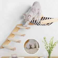 Katzen-Kletterwand, 4 Etagen Katzen-Treppewand, Katzenleiter, Katzenmöbel, aus Massivholz und Juteseil, für Katze Klettern/Spielen/Faulenzen - Holzfarbe - Übersicht 7