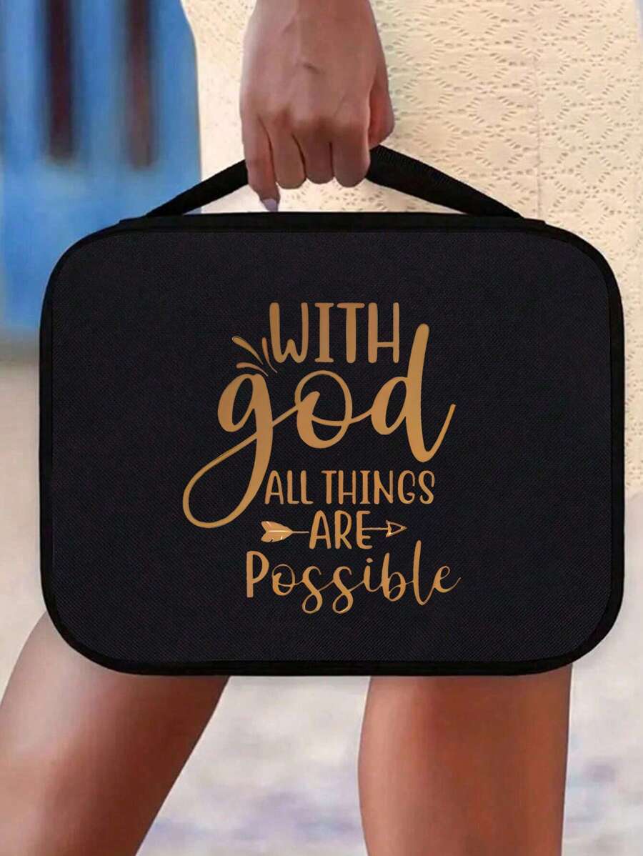 Bao đựng Kinh Thánh màu đen dung lượng lớn, có tay cầm, chất liệu sợi polyester bền chắc, in khẩu hiệu truyền cảm hứng, túi xách đa năng có ngăn đựng đồ, khóa kéo đựng sách, thích hợp sử dụng hàng ngày, món quà hoàn hảo cho gia đình và bạn bè.