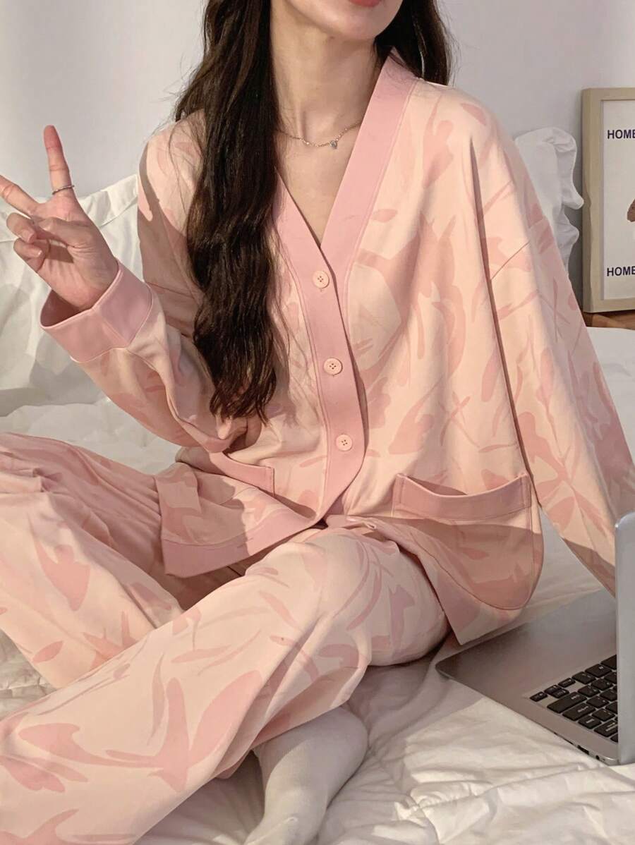 2pcs Women Pajama Set: V-Neck Top & Pants, Skin-Friendly Homewear, Spring & Autumn, Two Pieces Set, Fall Winter Clothes