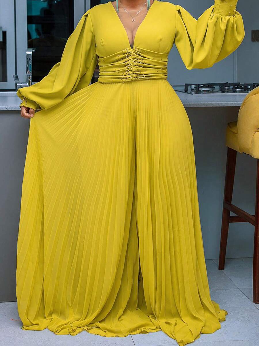 Women's Elegant Plus Size Jumpsuit Solid Color Long Sleeve Deep V-Neck Peard Diamond Wide Leg Rompers - Yellow - View 1