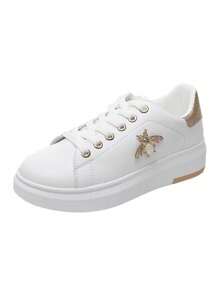 NovedadesZapatillas De Skate Informales Para Mujeres Y Adolescentes, De Suela Gruesa, Cómodas, Livianas Y Con Estilo Urbano/Zapatos Planos Casuales Elegantes, Cómodos Y De Moda Para Mujer Con Forma De En Color Blanco, Estilo Versátil - Dorado - Ver 3