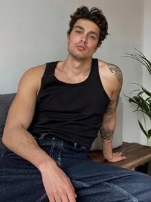 Men's Casual Basic Star Boy Style Cotton Tank Top - màu đen - Xem 7