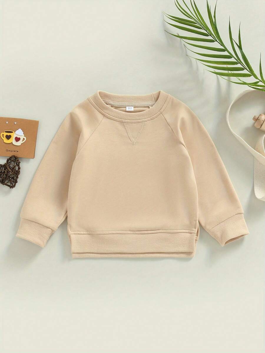 Sudaderas para niños y niñas pequeños, color liso, cuello redondo, manga larga, sudaderas con capucha, jerséis casuales de otoño e invierno. - Beis - Ver 1