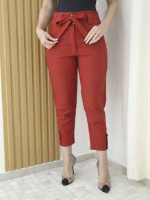 Linen Pants With High Waist Belt - 亮橙色 - 查看 2
