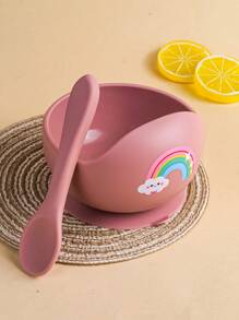 2pcs/Set Baby Feeding Set Silicone Bowl And Silicone Spoon, Baby Tableware Training Bowls With Suction Cup, Roft Silicone Material, Cartoon Animals Prints