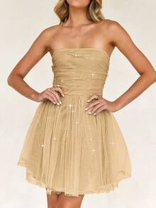 Vaiaye 女士性感闪亮网眼抹胸连衣裙 - 香檳色 - 查看 8