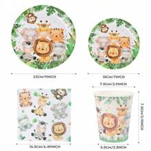 Green Rim Animal Print 7/9 Inch Disposable Dinnerware Set, Paper Plates Napkins Cups, Birthday Party Supplies Decorations, Disposable Paper Plates Napkins Cups Suitable For Party Decorations