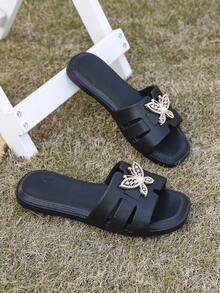女士平底凉鞋 露趾平底正装凉鞋 女士拖鞋 蝴蝶装饰扣凉鞋 - 超舒适、轻便、防滑的夏季云凉鞋，非常适合室内和室外使用 - 黑色 - 查看 6