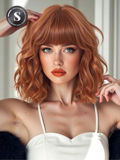14英寸橙色短卷曲耐热合成纤维假发，带刘海，适合女性，非常适合节日、派对和日常佩戴。