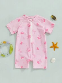 Toddler Girl Rash Guard Swimsuit Cherry/Bow Print Zipper Short Sleeve Zip Up Bathing Suit - Peach - View 1