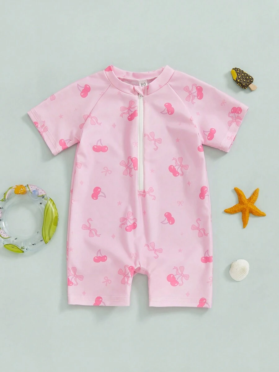 Toddler Girl Rash Guard Swimsuit Cherry/Bow Print Zipper Short Sleeve Zip Up Bathing Suit - Peach - View 1