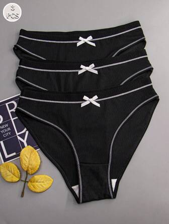 3pcs Women's Black Sexy Bow Comfortable Cute Sports Briefs