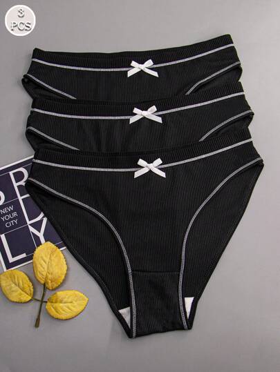 3pcs Women's Black Sexy Bow Comfortable Cute Sports Briefs