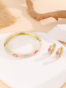 1 Set modischer, neuer, goldfarbener, blumenmusterbedruckter Cloisonné-Armreif und Ohrringe-Schmuck, für Mädchen und Frauen