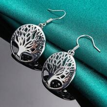 New 925 Silver Plated Earrings For Women High Quality Jewelry Hollow Carved Round Tree Christmas Gifts - Silver - View 3