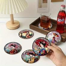 4pieces Japanese Cherry Blossom Wooden Coaster-Heat-Resistant Non-Slip Table Mat, Suitable For Home, Office And Theme Parties, 3.9 Inches