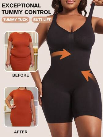 1 Stück Frauen Große Größen Schlankheits-Jumpsuit nahtlos, schwarzer Formungskörper verstärkt Büste, Bauchkontrolle, Bodysuit mit hoher Taille