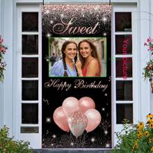 1 件定制生日派对背景，黑色和金色女孩粉色配色方案，生日派对主角必备装饰，生日悬挂门楣横幅，显眼的生日装饰，可自定义照片，生日派对背景