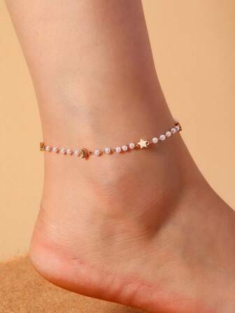 1 件波西米亚风格心形、星星、月亮和珍珠装饰海滩度假脚链，时尚简约设计，适合女士休闲和派对穿着