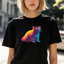 Cool Cat Shirt Unique Cat Tee Best Cat Gift Reto Vibes Shirt Trendy Streetwear Tee Neon Colors Shirt Unique Graphic Tee Best Gift For Her - Black - View 1