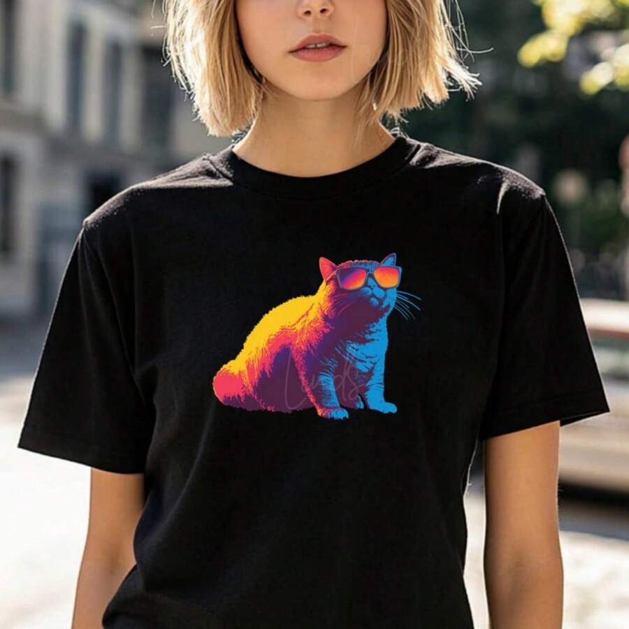 Cool Cat Shirt Unique Cat Tee Best Cat Gift Reto Vibes Shirt Trendy Streetwear Tee Neon Colors Shirt Unique Graphic Tee Best Gift For Her - Black - View 1