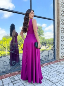 FASHIONISTA LONG SATIN WEDDING GRADUATION PARTY DRESS - Rose Red - View 2