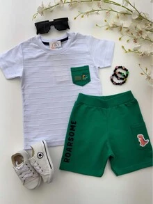 Children's Set Boy T-Shirt Bermuda White Green Dinosaur Children's Clothing Male Caetano - White - View 2