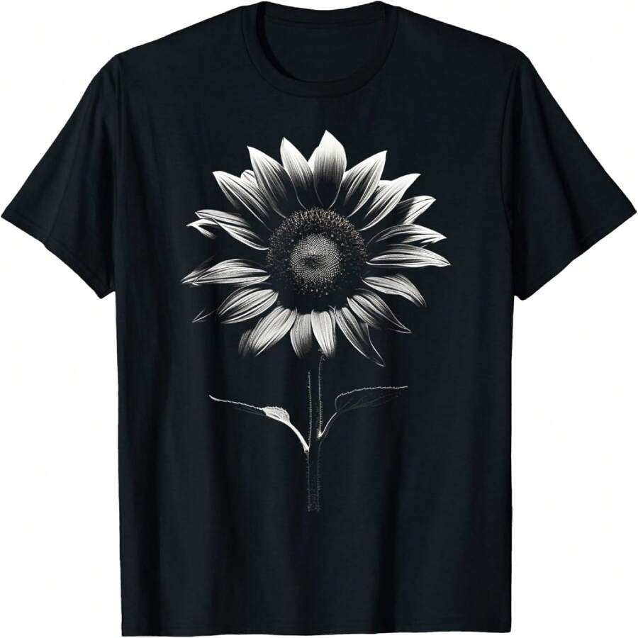 Sunflower Drawing Art Graphic Flower Motif Sunflower T-Shirt - Black - View 1