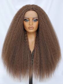 Kinky Straight Lace Front Wig 28Inch Synthetic T-Part 13x5x1 Long Lace Wigs Afro Yaki Straight Wigs Ombre Brown