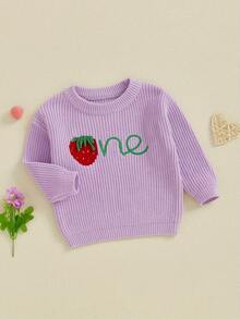 Suéteres de cumpleaños para niñas de 0 a 18 meses, jersey de punto con bordado de fresa y cuello redondo de manga larga para bebés - Morado - Ver 3