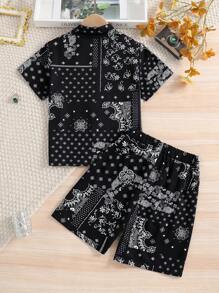 Tween Boy Fashion Paisley Print Woven Polo Collar Short Sleeve Shirt & Elastic Waist Casual Shorts 2-Piece Set, Suitable For Summer, Daily, Party & Vacation