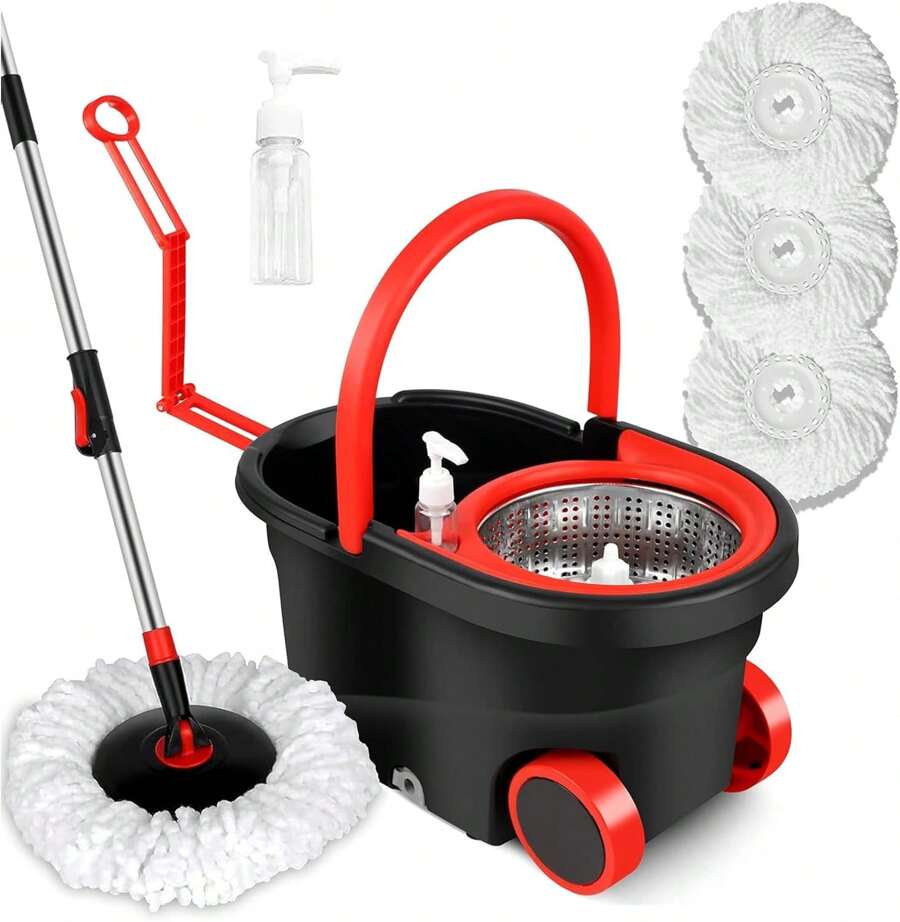 Spin Mop And Bucket,Spin Mop And Bucket With Wringer Set For Home,Stainless Steel 360 Floor Mop Bucket On Wheels,3 Microfiber Mop Replacement Heads And Adjustable Handle (Black) - 黑色 - 查看 1