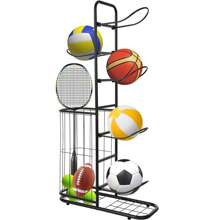 OUKANING Basketballständer Sportgeräte Aufbewahrungsregal Standregal Ballhalter für Garage Keller Spielzimmer mit 5 Ebenen Großem Stauraum Konstruktion für Basketbälle Fußbälle Schläger (Schwarz) - Schwarz - Übersicht 7