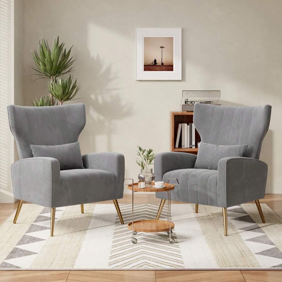 Nalupatio Velvet Fabric Upholstered Reading Comfy Mid Century Modern Armchair With Metal Legs And Spring Support, Accent Chair For Living Room - 灰色 - 查看 1