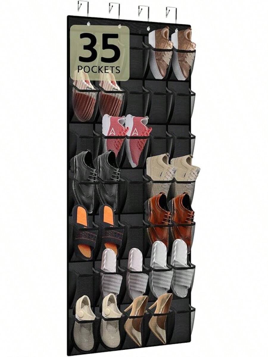 35 Pocket Over The Door Shoe Organizer,Reusable Breathable Large Mesh Bag Men's & Women's Sneaker Organizer,Shoe Organizer For Kids,Hanging Shoe Storage Hanging Bag (Black)