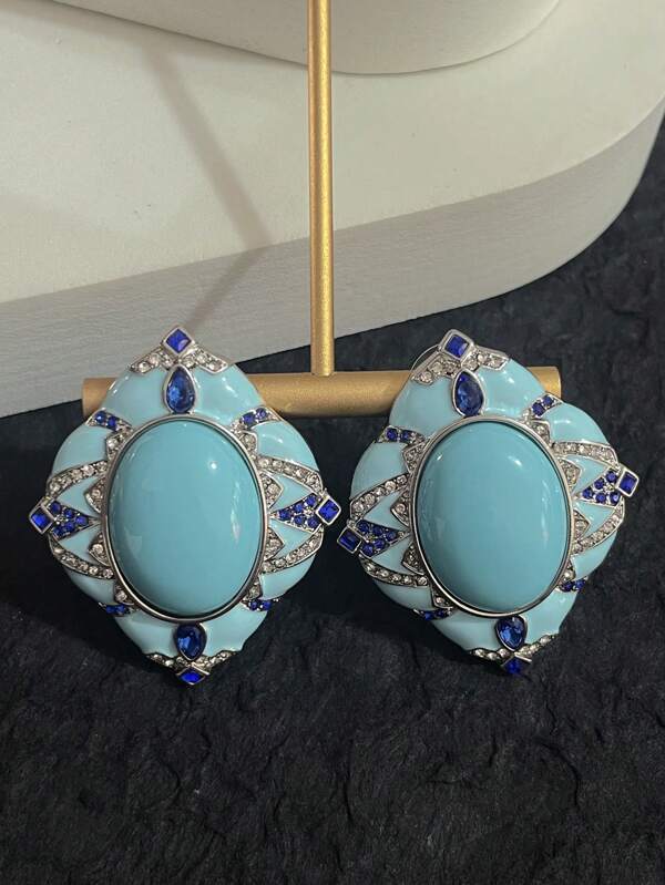 Retro-Style Alloy Enamel Ocean Landscape Design Earrings, Fashion Dangle 925 Silver Ear Studs Suitable For Women Daily Wear And Party