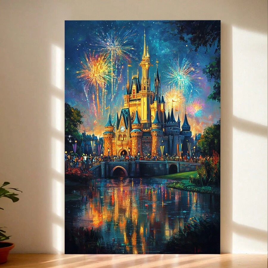 Framed Dreamlike Castle Image, Fireworks Sparkling, Wall Art, Imaginative Space DecorationCanvas  Birthday Party Decor, Mother's Day New Year Easter Gift,  Home Living Room Office Wall Decor, Perfect Gift And Wall Decoration