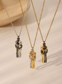 1pc European And American Fashionable Stainless Steel 18k Couple Hugging Bicolor Pendant Necklace, Unisex Couples' Collar Necklace, Suitable For Daily Wear, Festivals, Dates, Valentine's Day As Accessory Or Gift, Mom, Mother, Mother's Day, Gift