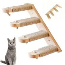 Katzen-Kletterwand, 4 Etagen Katzen-Treppewand, Katzenleiter, Katzenmöbel, aus Massivholz und Juteseil, für Katze Klettern/Spielen/Faulenzen - Holzfarbe - Übersicht 2