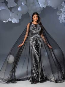 Faeriesty 优雅迷人的图案亮片斗篷袖美人鱼下摆正式派对礼服、晚礼服、长裙和闪光连衣裙 - 黑色 - 查看 3
