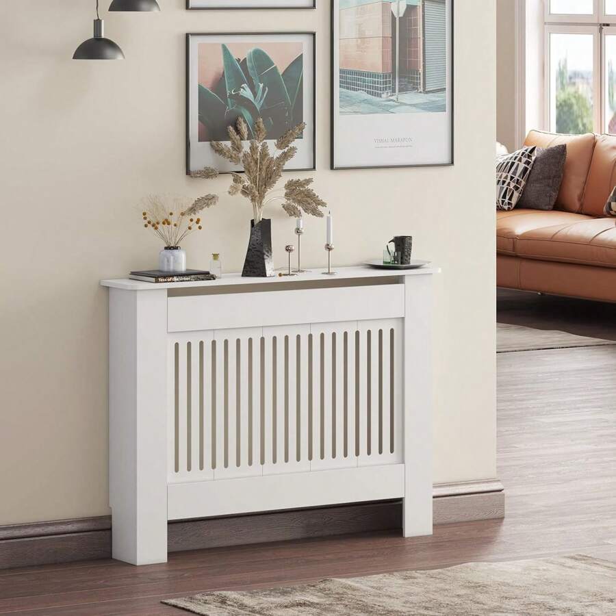 Radiator Cover Heater Cover Cabinet Radiator Shelf MDF Wood Vertical Slat White Grey Radiator Covers Living Room Furniture - White - View 1