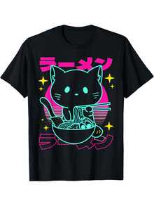 Anime Ramen Cat Retro Japanese Noodles Aesthetic Kawaii Cat T-Shirt Cotton Fun Design DIY Women Soft Breathable Summer And Winter Comfortable Casual Sports Halloween And Christmas Gifts - Black - View 1