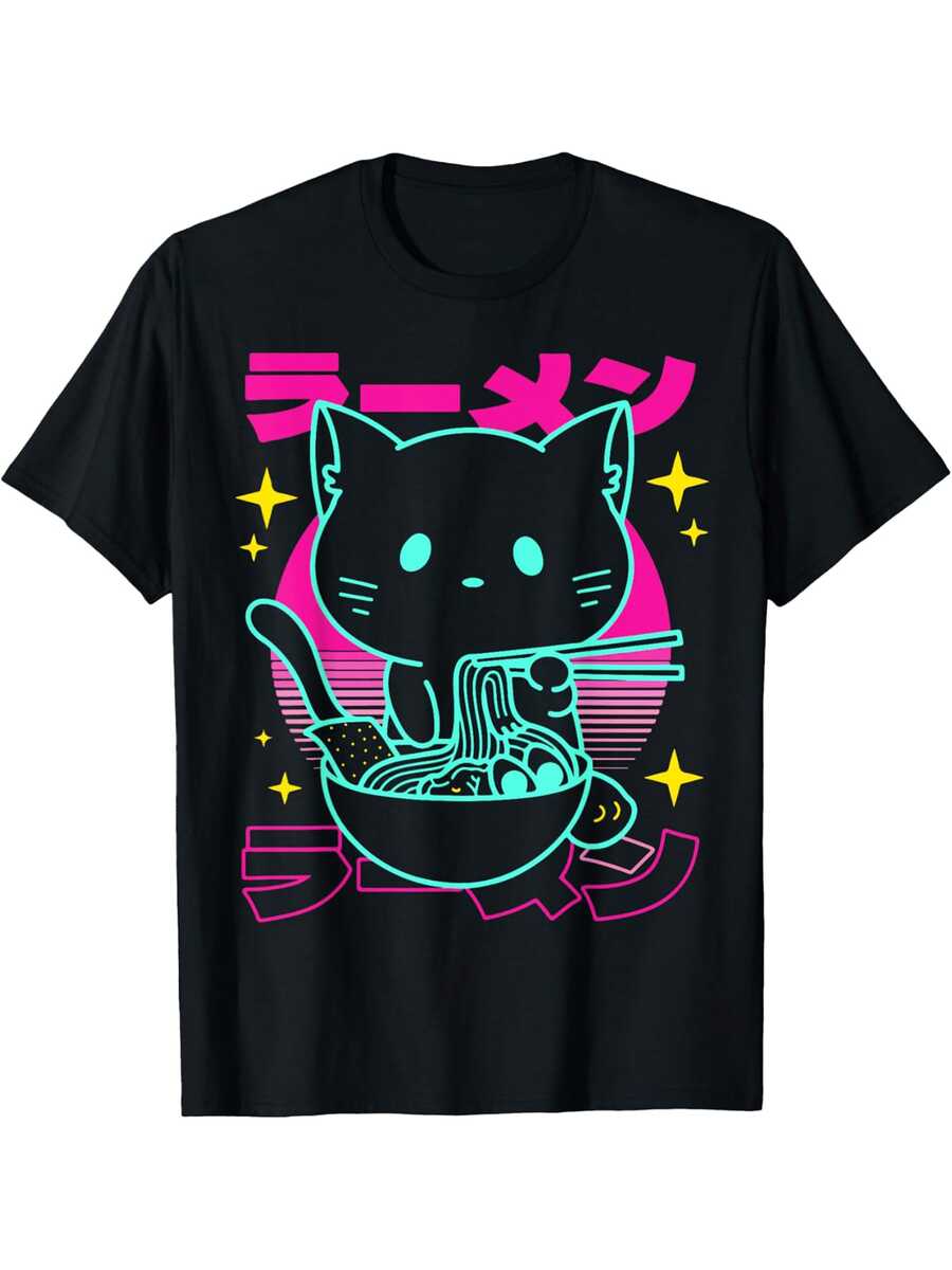 Anime Ramen Cat Retro Japanese Noodles Aesthetic Kawaii Cat T-Shirt Cotton Fun Design DIY Women Soft Breathable Summer And Winter Comfortable Casual Sports Halloween And Christmas Gifts - Black - View 1