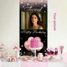 1 件定制生日派对背景，黑色和金色女孩粉色配色方案，生日派对主角必备装饰，生日悬挂门楣横幅，显眼的生日装饰，可自定义照片，生日派对背景