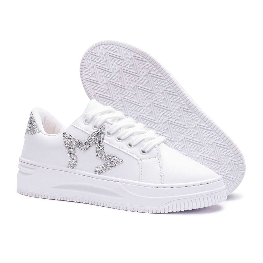 Women's White Sneakers Versatile Casual Comfortable Walking Shoes Modern Style Shiny - Blanco brillante - Ver 1