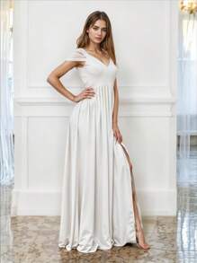 Elegant Off Shoulder Long Dress With Front Slit - 白色 - 查看 2